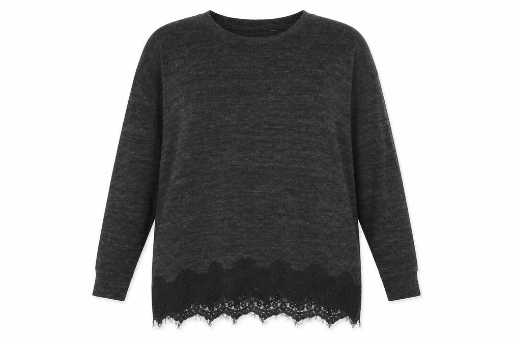 Front view of F&F women’s grey crew neck polyester jumper, size UK 14