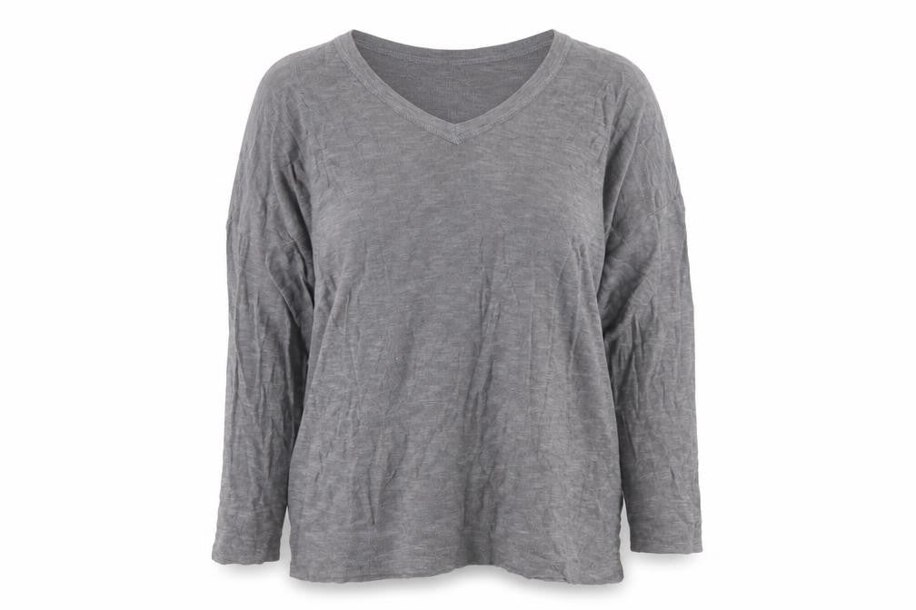 Front view of Cashel women’s grey v-neck cotton jumper, size L
