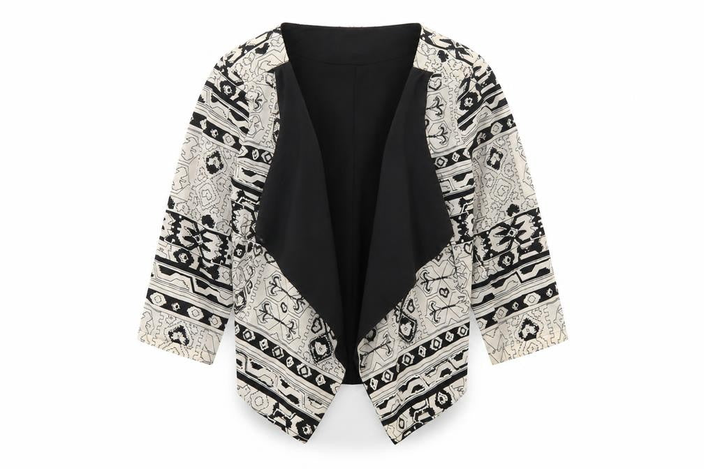 Front view of Yumi women’s beige geometric jacket, size M