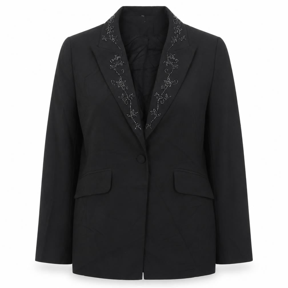 Front view of etan women’s black jacket, size UK 14