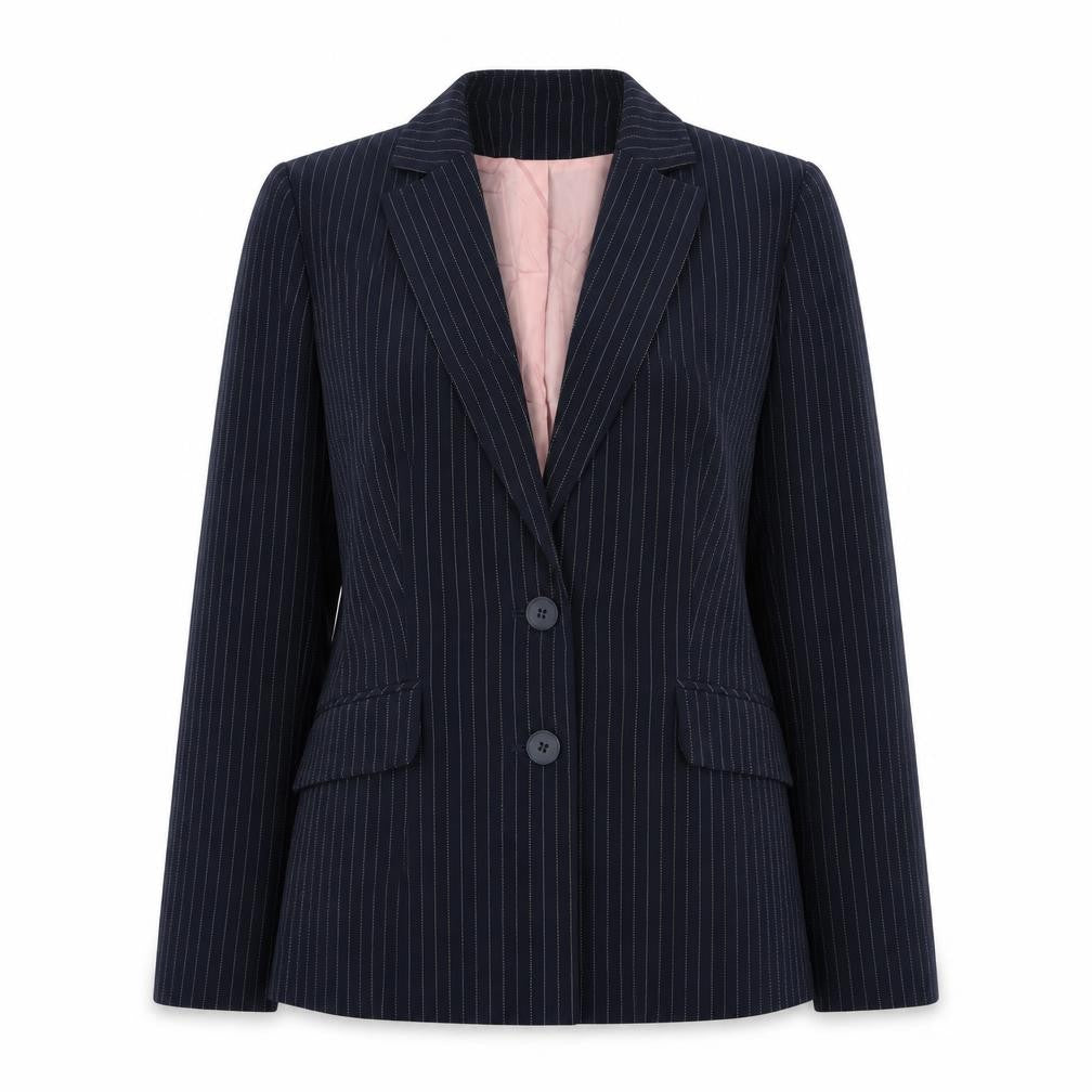 Front view of Select women’s blue striped jacket, size UK 12