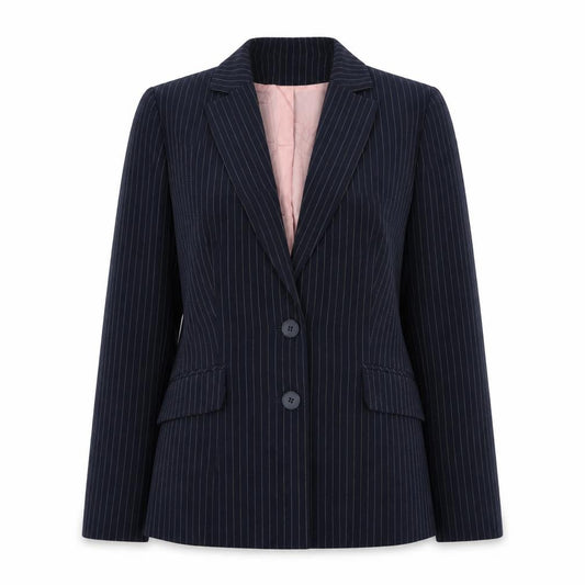 Front view of Select women’s blue striped jacket, size UK 12