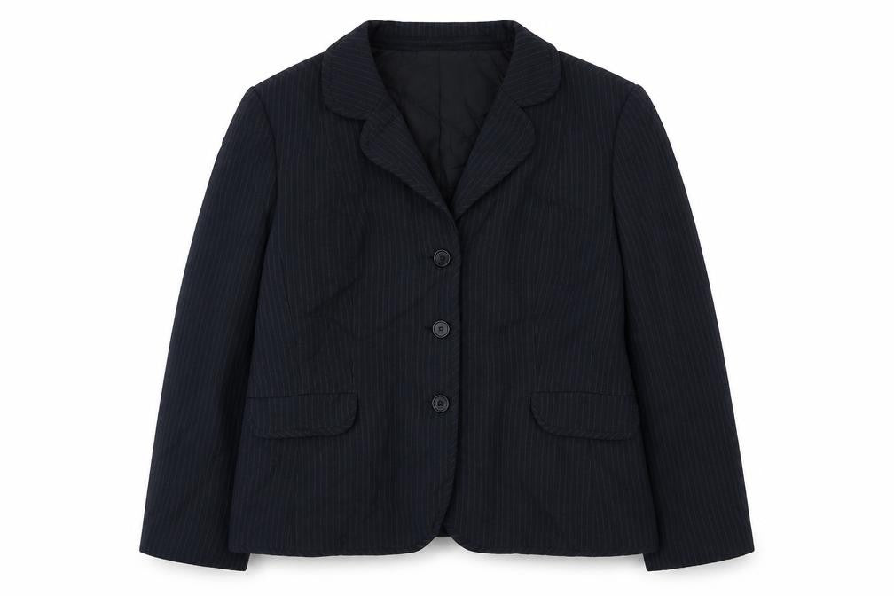 Front view of amphora women’s grey striped jacket, size UK 16