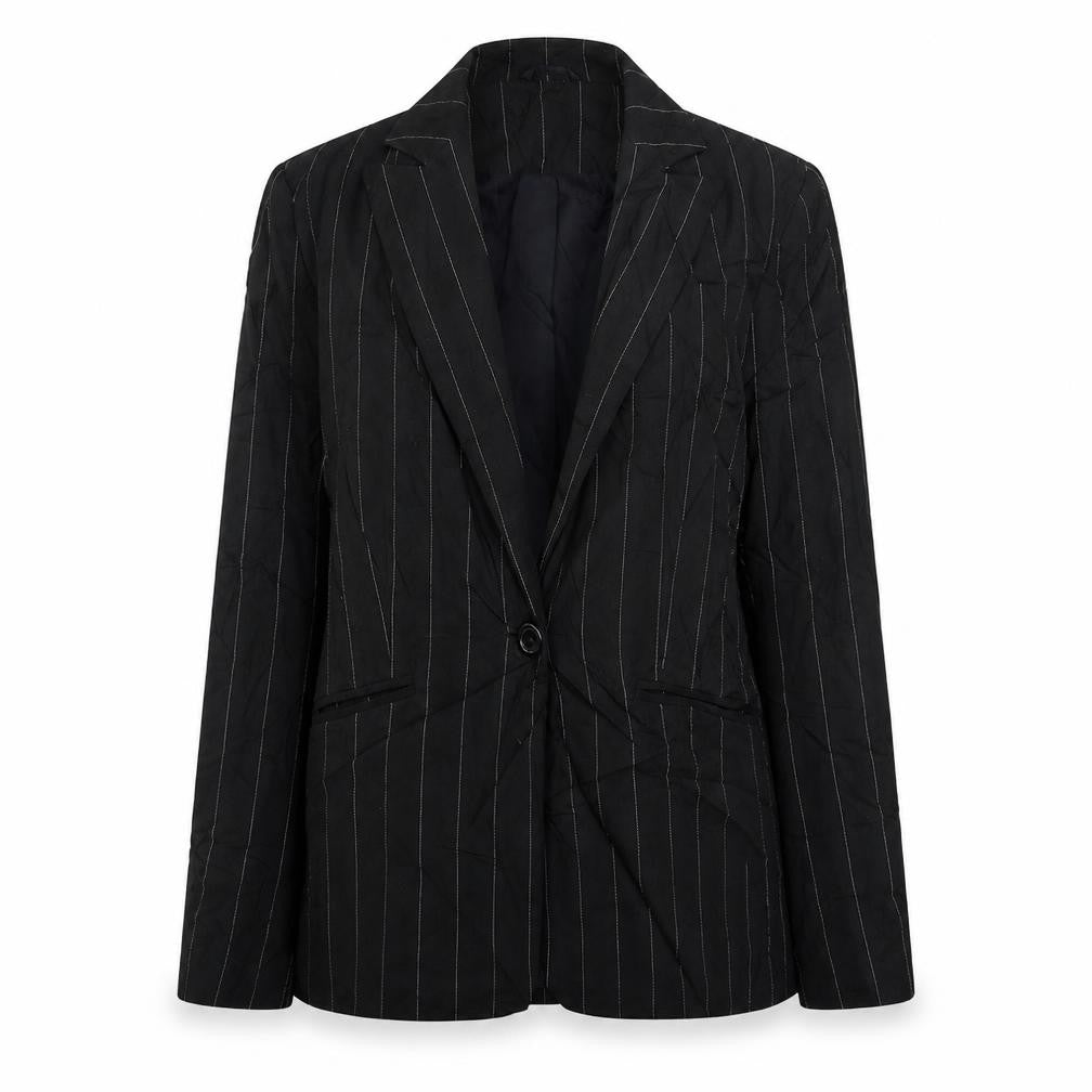 Front view of Warehouse women’s black striped jacket, size UK 10