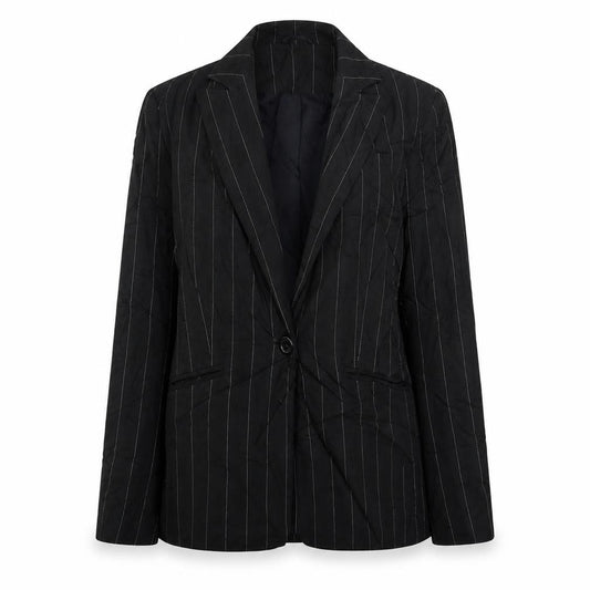 Front view of Warehouse women’s black striped jacket, size UK 10