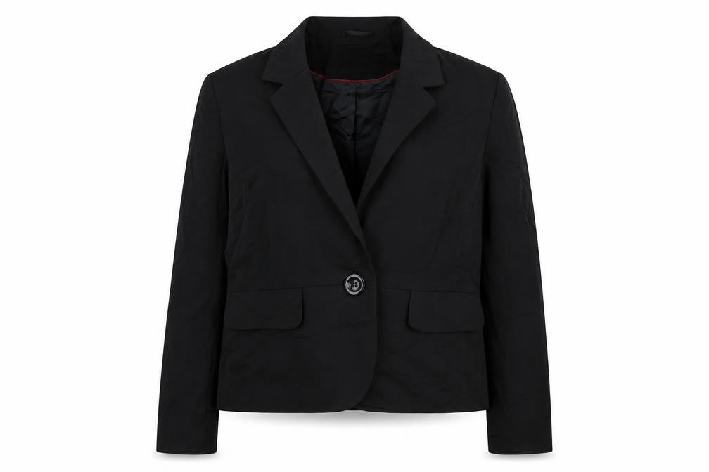 Front view of Essentials style women’s black striped jacket, size UK 14
