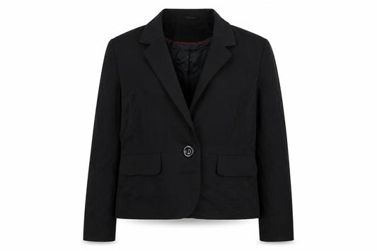 Front view of Essentials style women’s black striped jacket, size UK 14