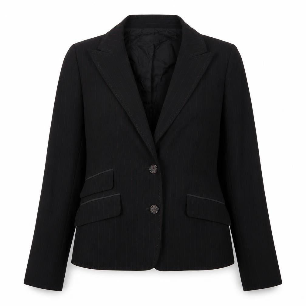 Front view of ALFAVI women’s black striped jacket, size UK 6