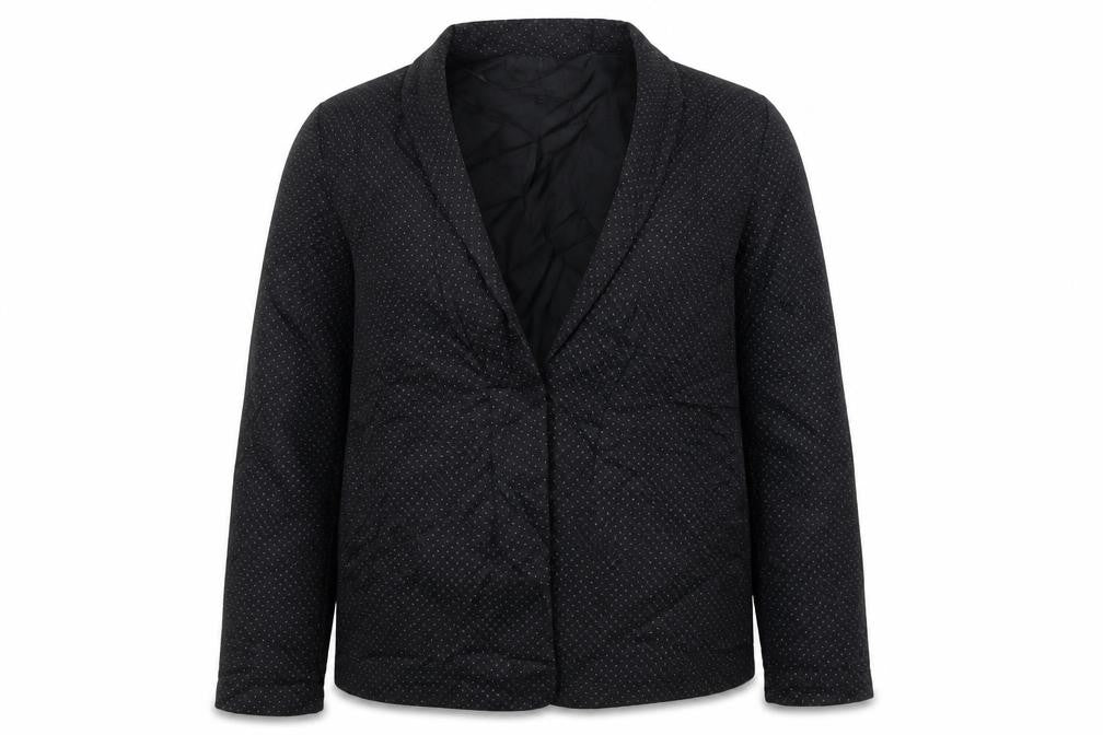 Front view of Topshop women’s black polka dot jacket, size UK 10