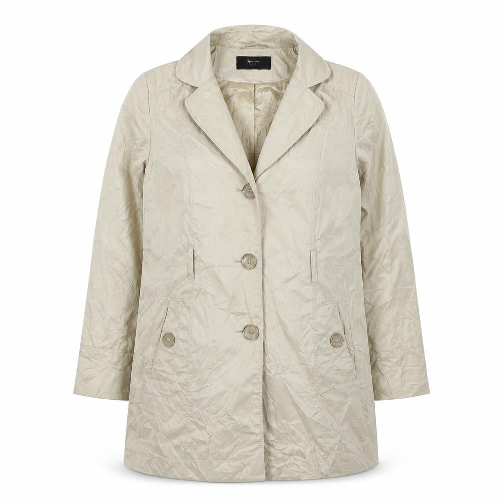 Front view of BHS women’s beige trench coat coat, size UK 12