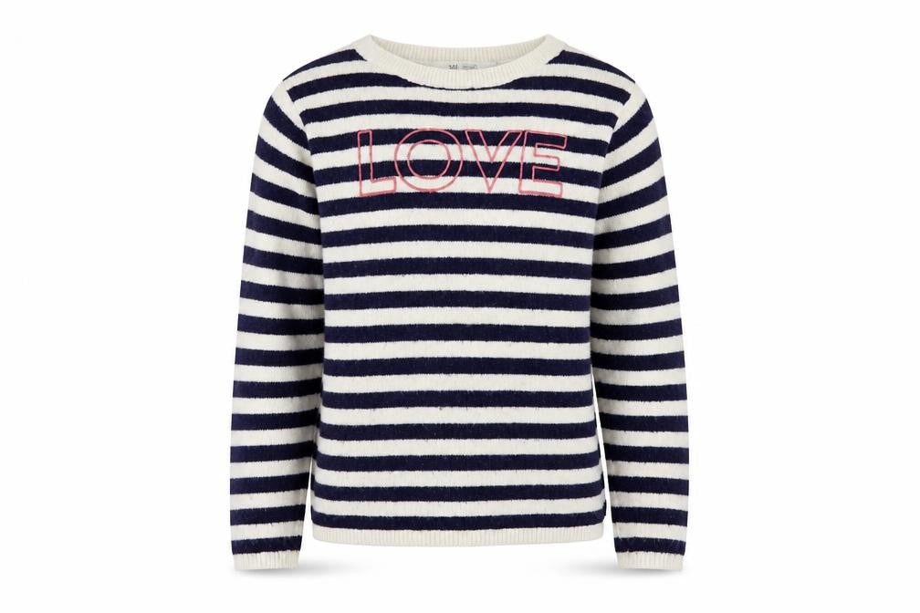 Front view of H&M girls’ ivory crew neck striped acrylic jumper, size 10-11, years pullover - love