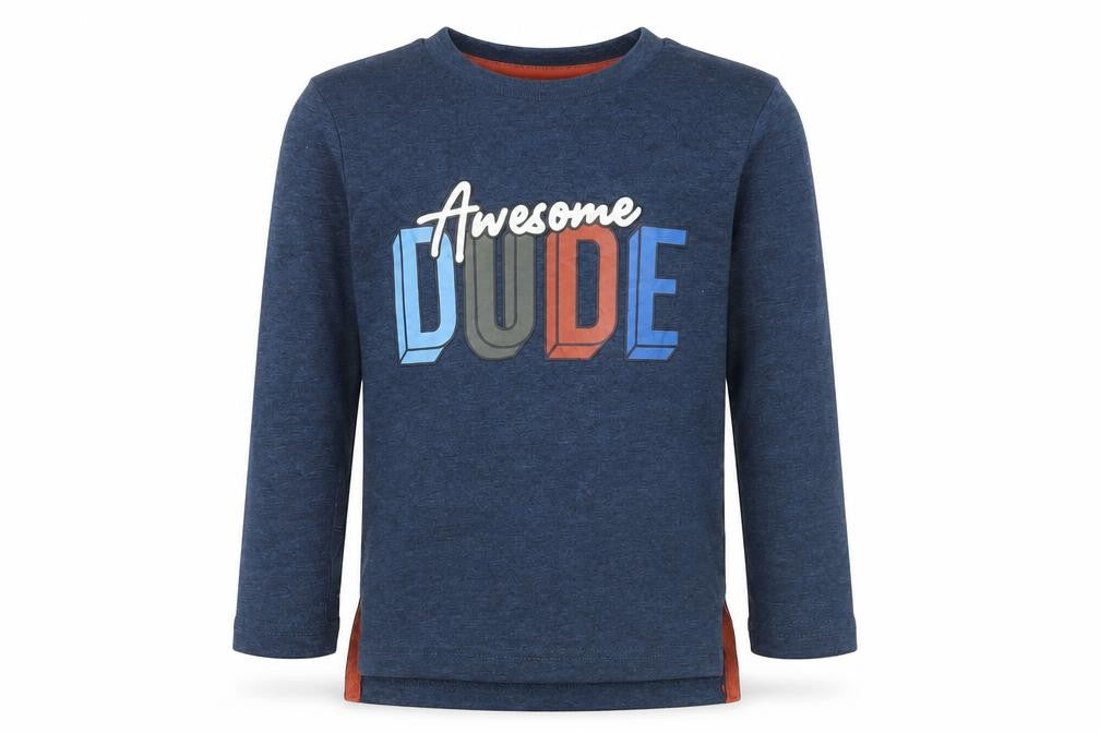 Front view of Pep&Co boys’ blue polyester basic t-shirt, size 4-5, years round neck - awesome dude