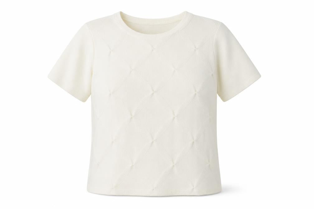 Front view of Bonmarché women’s ivory acrylic basic t-shirt, size S, scoop neck