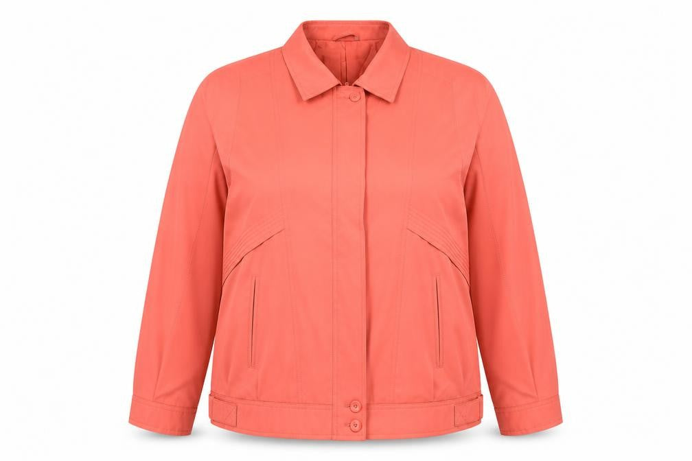 Front view of Danniemac women’s orange jacket, size L, zip