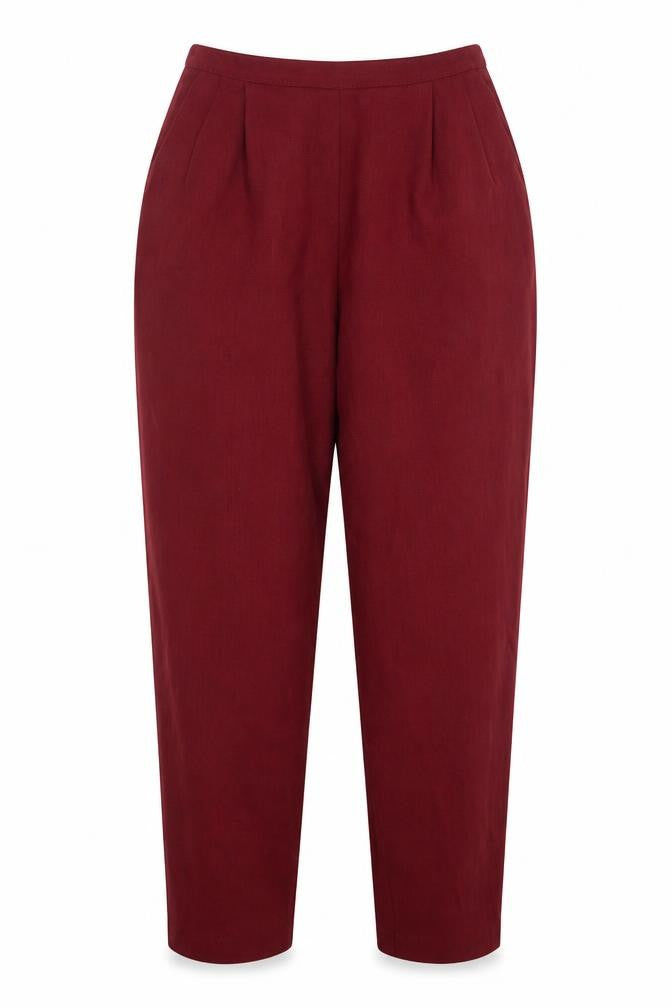 Front view of Marks & Spencer women’s red polyester trousers, size UK 12, 28-inch leg regular