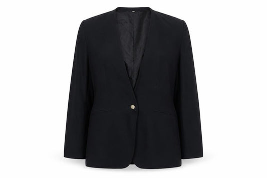 Front view of NicoNico women’s black polyester jacket blazer, size UK 12