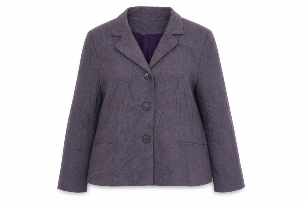 Front view of EWM women’s purple polyester jacket suit jacket, size UK 16