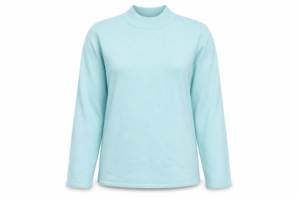Front view of Bonmarché women’s blue high neck acrylic jumper, size L