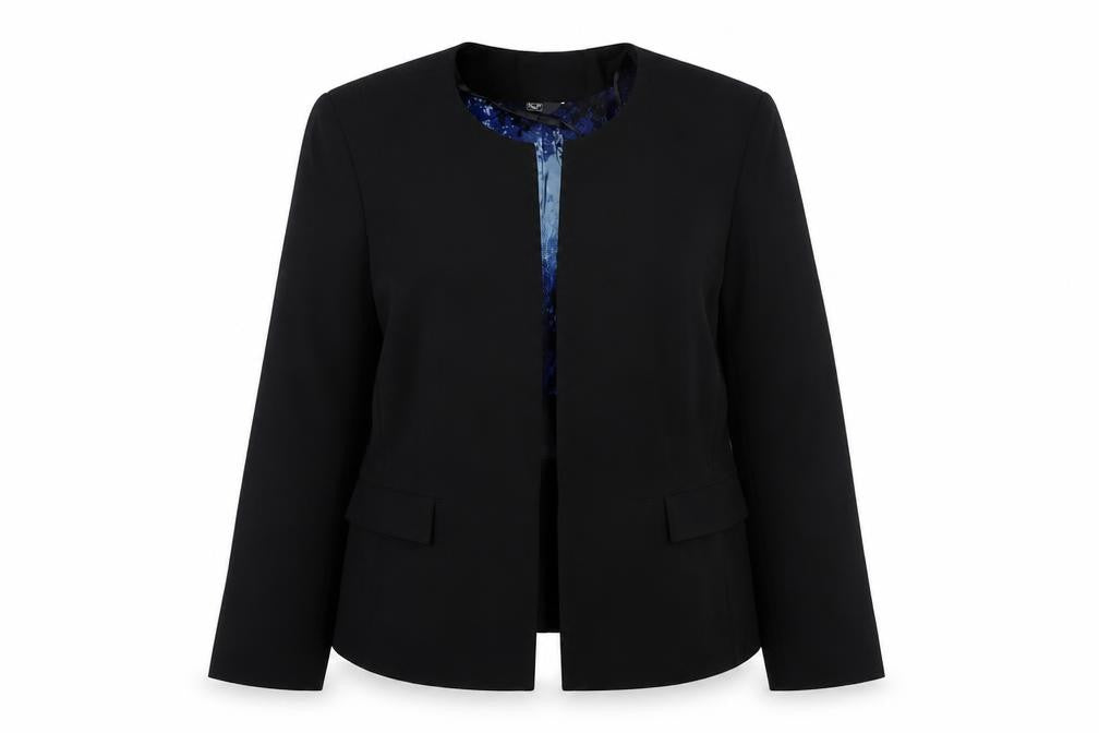 Front view of F&F women’s black polyester jacket blazer, size UK 16