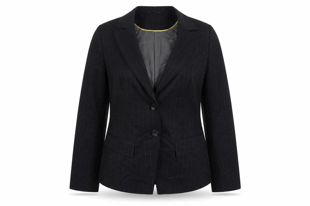 Front view of George women’s grey striped polyester jacket suit jacket, size UK 12