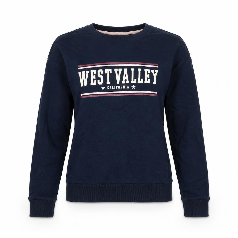 Front view of Divided by H&M women’s blue cotton pullover sweatshirt, size XS, pullover - california