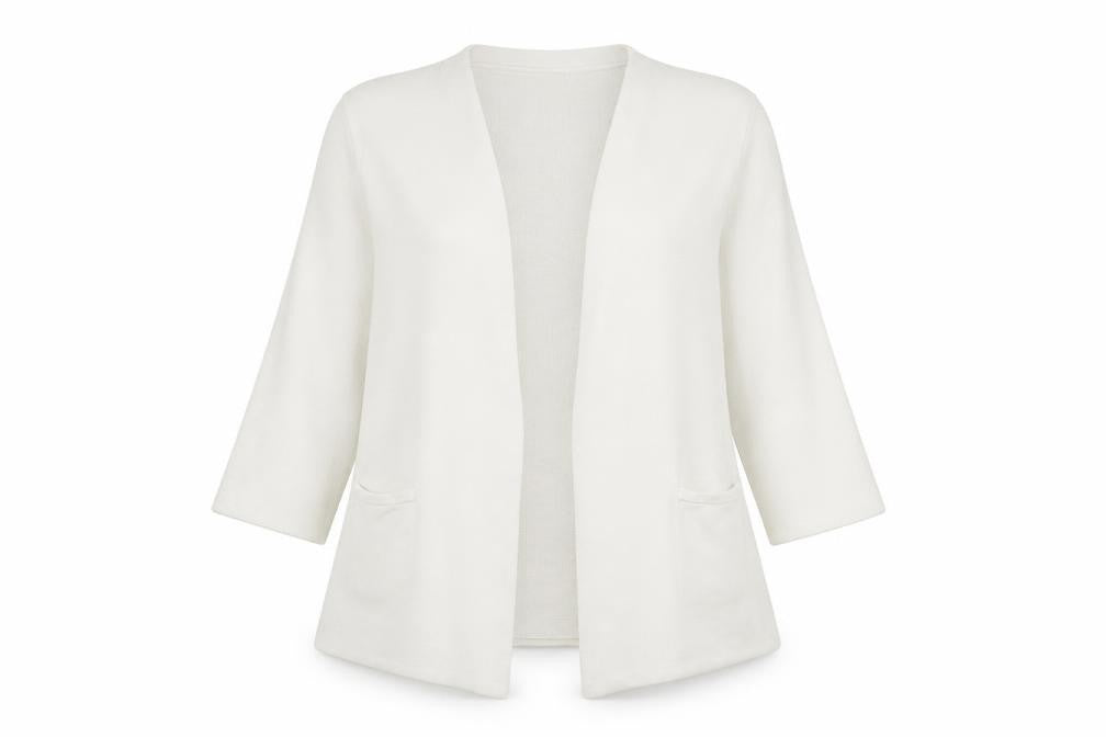 Front view of Monsoon women’s white square neck viscose cape jumper, size UK 12