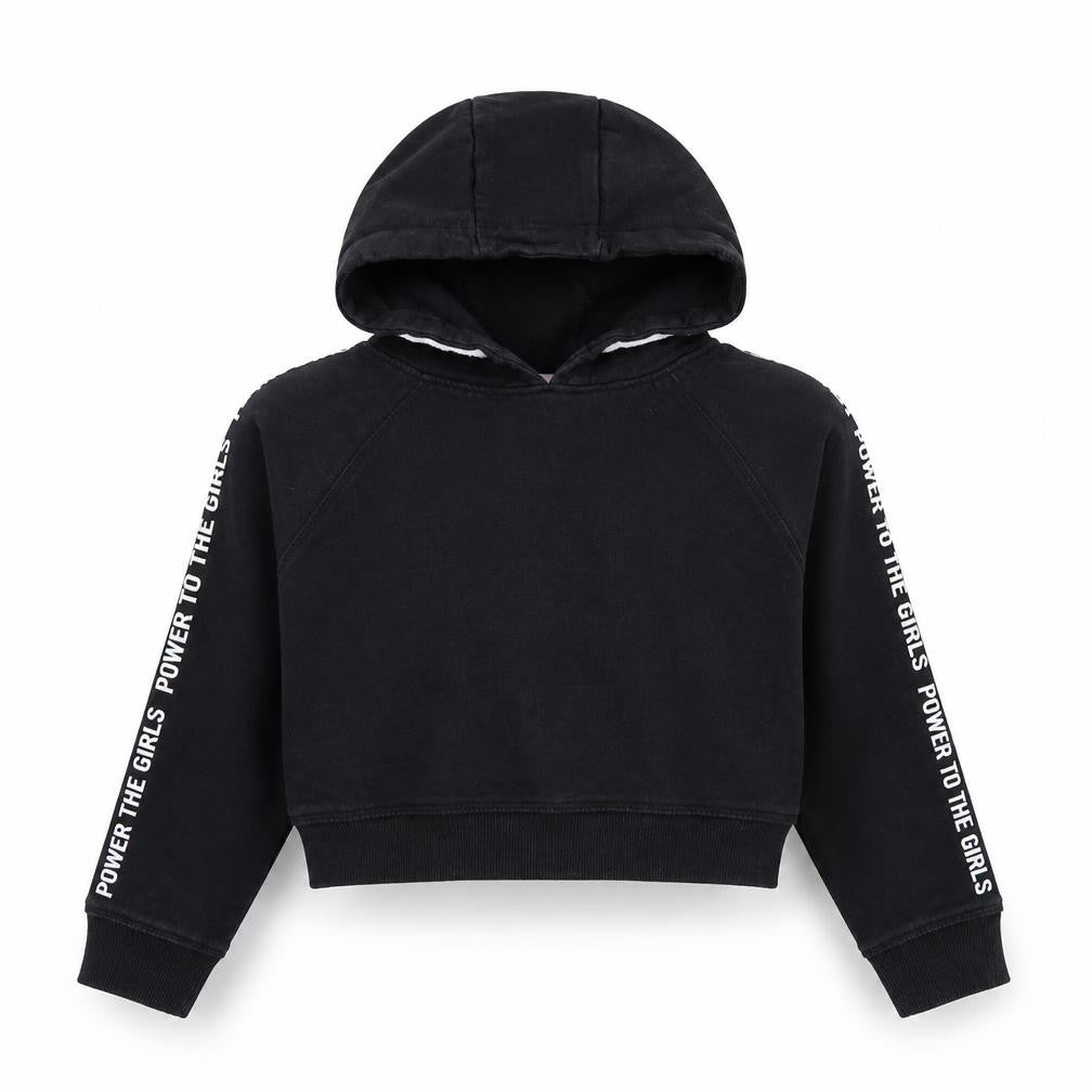 Front view of Evie girls’ black cotton pullover hoodie, size 7-8, years pullover