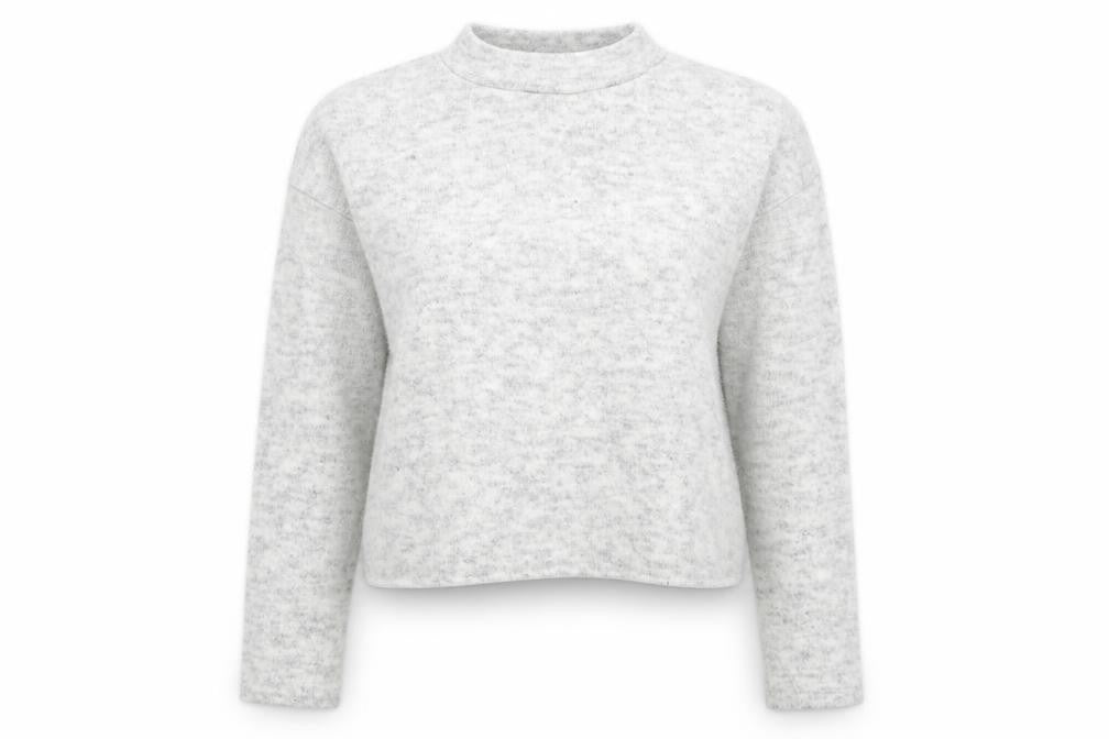 Front view of New Look women’s grey mock neck acrylic jumper, size UK 8