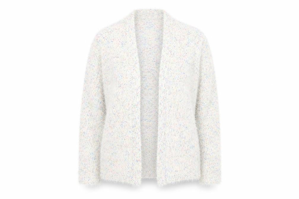 Front view of BHS women’s ivory square neck polyester cardigan jumper, size UK 14