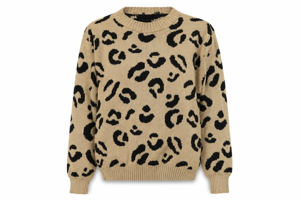 Preworn Womens Brown Round Neck Animal Print Acrylic Pullover Jumper Size S