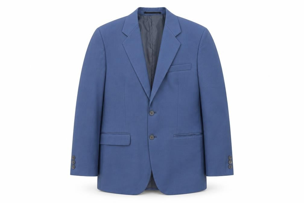 Front view of Premier MAN men’s blue polyester jacket suit jacket, size 40
