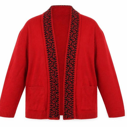 Classic Womens Red V-Neck Acrylic Cardigan Jumper Size L