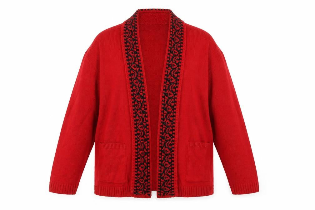 Classic Womens Red V-Neck Acrylic Cardigan Jumper Size L