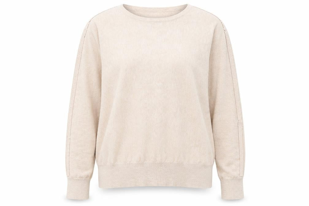 Front view of Primark women’s beige round neck polyester jumper, size UK 12