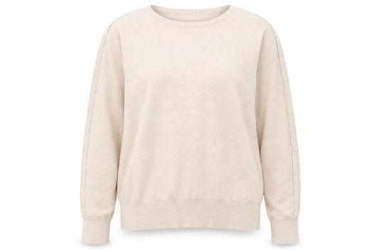 Front view of Primark women’s beige round neck polyester jumper, size UK 12