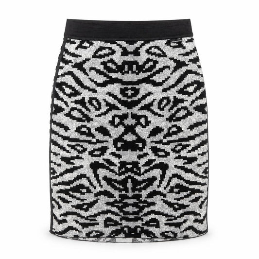 Front view of Marc Cain women’s grey geometric wool skater skirt, size UK 28, in