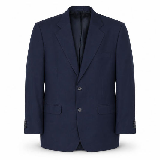 Front view of Chums men’s blue polyester jacket suit jacket, size 38