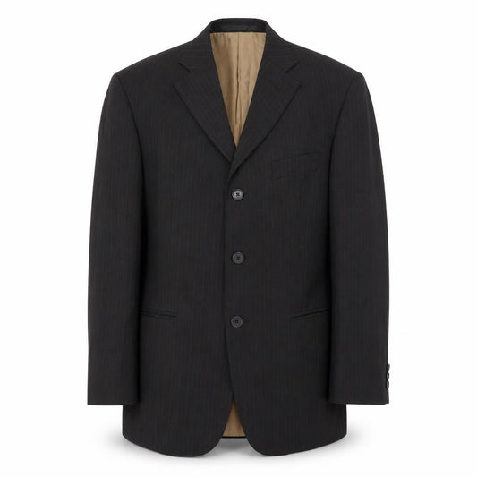 Front view of Impressions men’s black striped polyester jacket suit, size 40