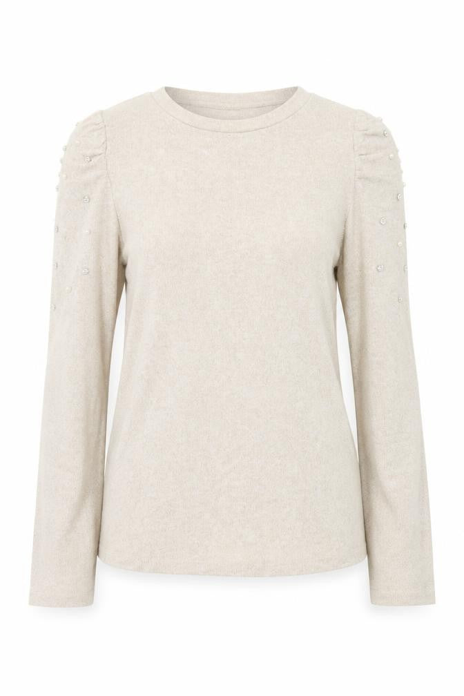 Front view of New Look women’s beige round neck viscose jumper, size UK 10