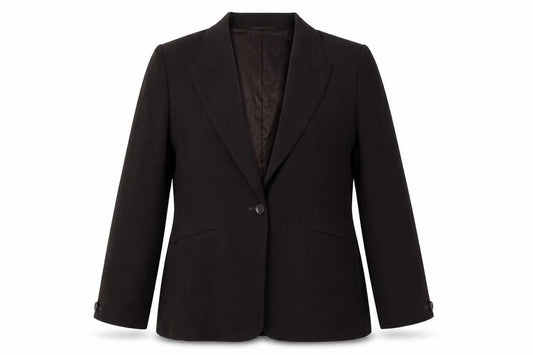 Front view of Country Casuals women’s brown polyester jacket suit, size UK 14
