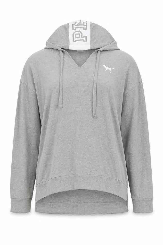 Front view of PINK women’s grey cotton pullover hoodie, size XS