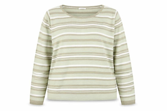Front view of Matalan women’s multicoloured round neck striped acrylic jumper, size UK 20