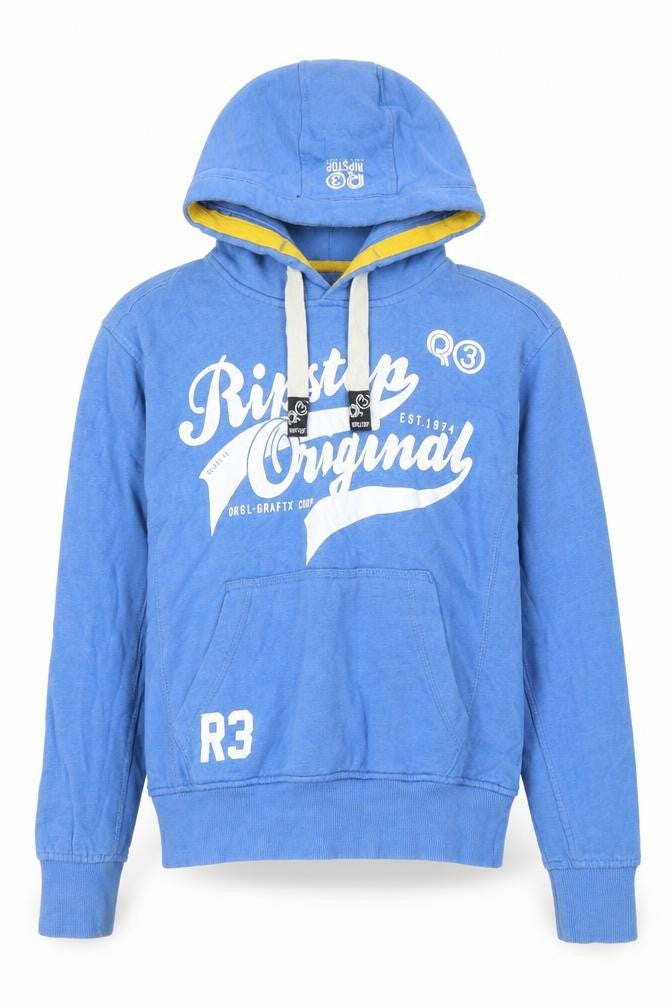 Front view of R3 boys’ blue polyester pullover hoodie, size L