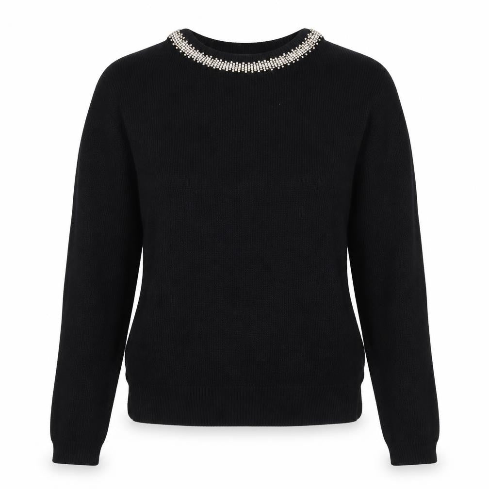 Front view of Topshop women’s black round neck cotton jumper, size UK 10