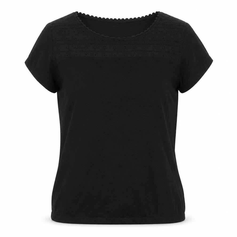 Front view of Tru women’s black cotton basic t-shirt, size S, round neck