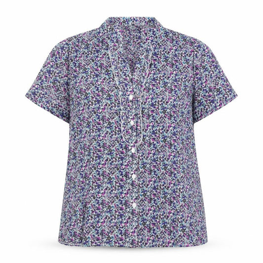 Front view of Bonmarché women’s purple floral polyester basic button-up, size UK 12, v-neck