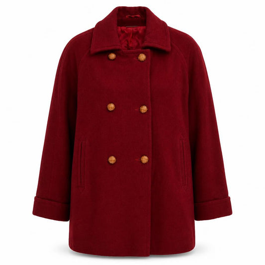 Front view of EWM women’s red overcoat coat, size UK 12, button