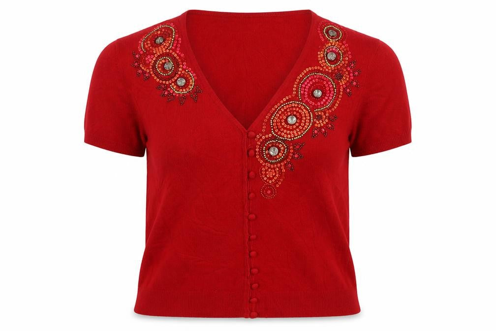 Linea Womens Red V-Neck Geometric Viscose Cardigan Jumper Size M