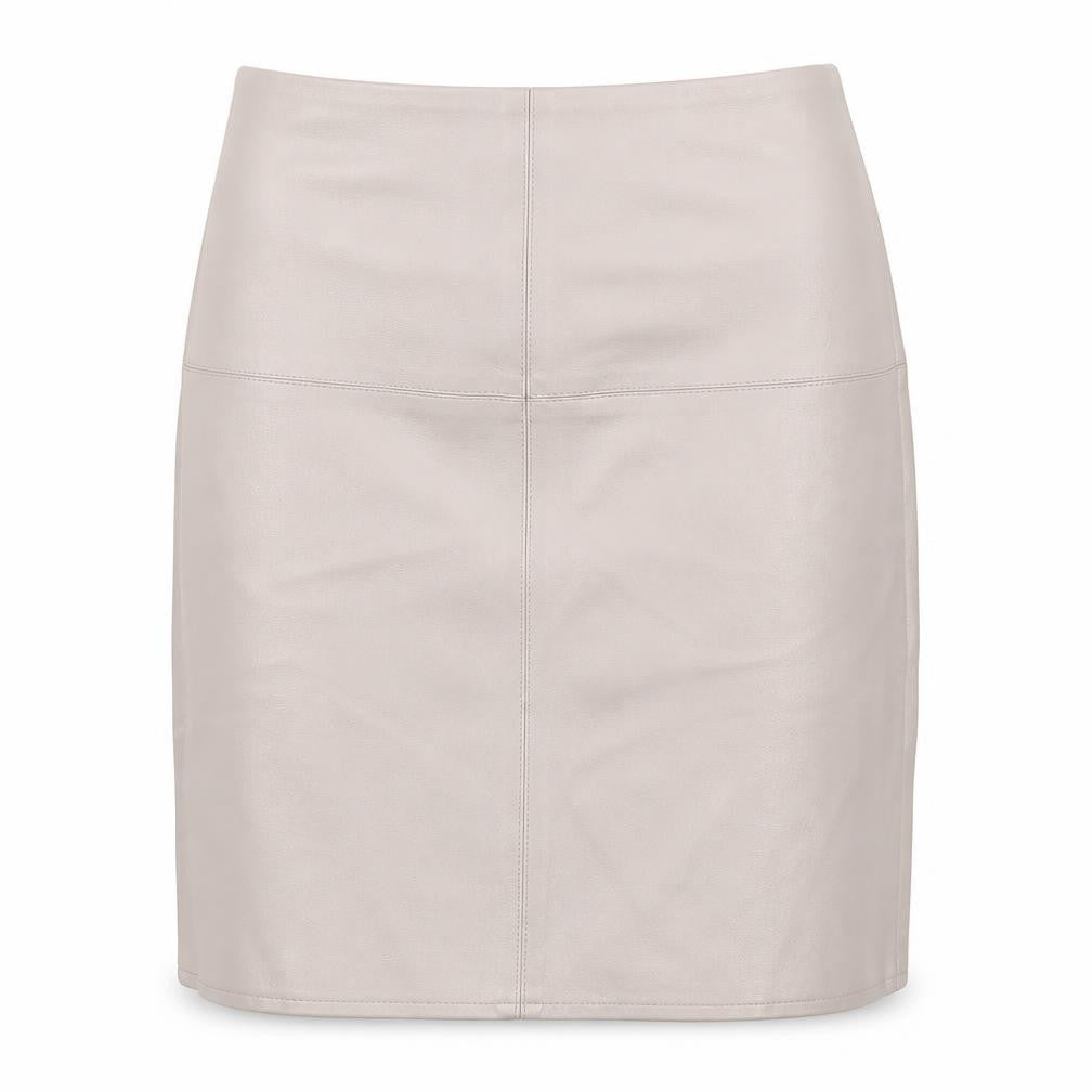 Front view of Missguided women’s beige polyurethane a-line skirt, size UK 8, zip