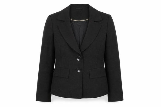 Front view of Autonomy women’s black jacket blazer, size UK 14, button